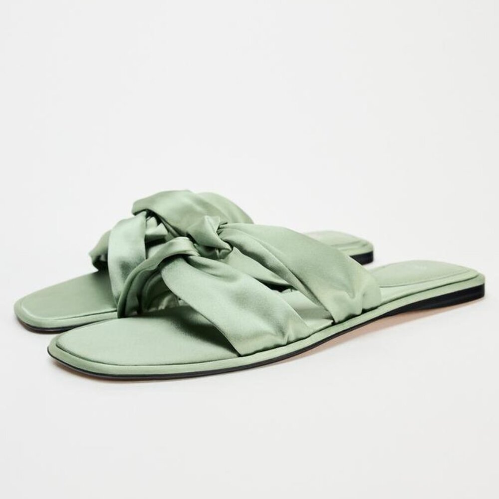 ZARA Knotted Flat Sandals Satin Flip Flops Green Bow Slippers size 39 US 8.5 - Picture 2 of 12